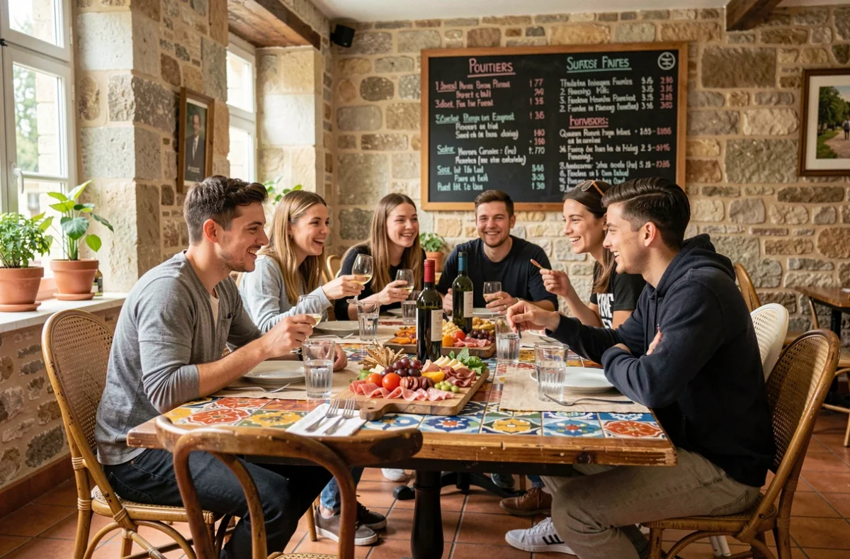 Groupe de jeunes partageant une planche de charcuterie et du vin local aux Bons Enfants à Poitiers dans une salle animée et colorée