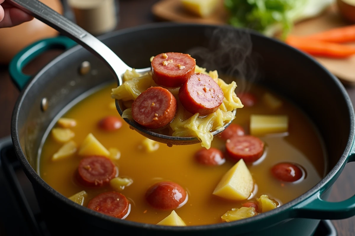 Louche remplie de potée avec saucisse fumée pommes de terre et chou dans une cocotte en fonte émaillée