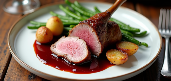 Magret de canard tranché avec sauce au vin rouge