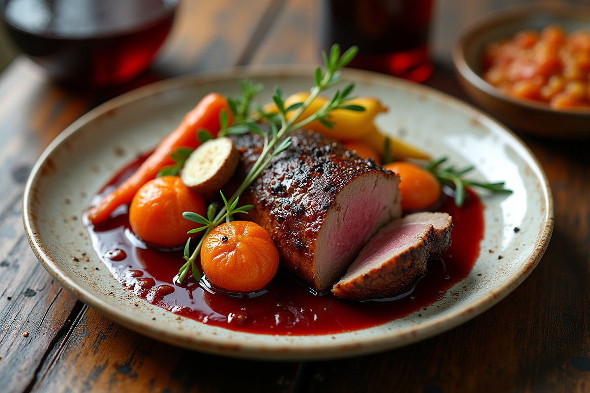 Magret de canard servi avec légumes racines et sauce au vin rouge