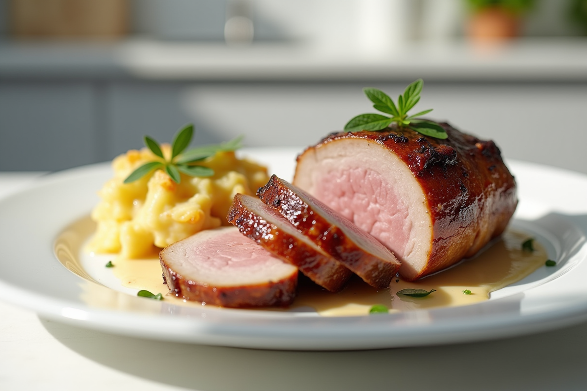 Magret de canard tranché avec gratin de pommes de terre et herbes fraîches