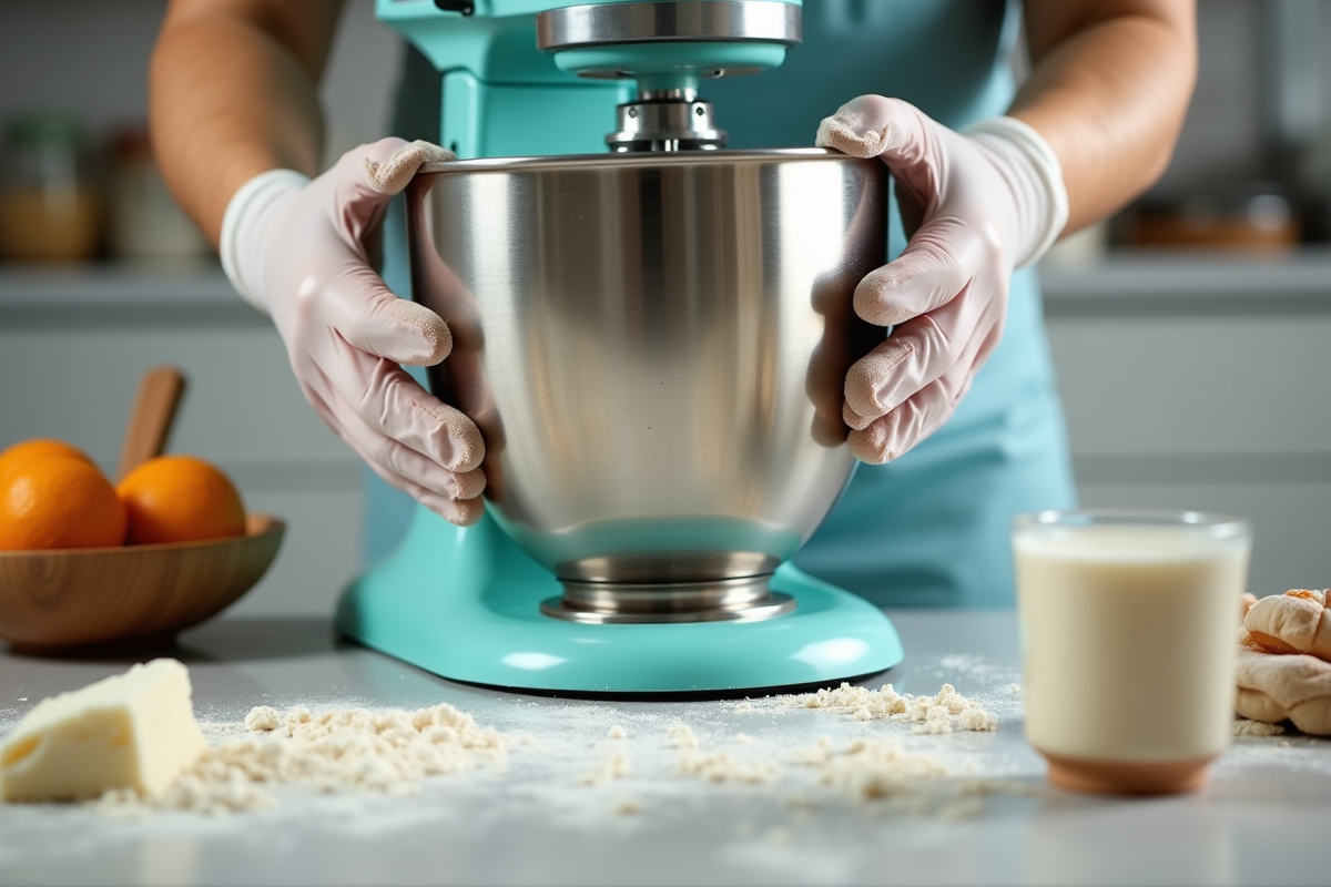 Mains en gants en silicone tentant de desserrer un bol de mixeur avec un chiffon