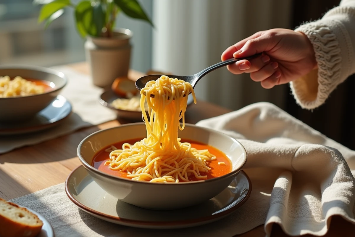 Jeunes mains servant une soupe de vermicelli dans un bol rustique