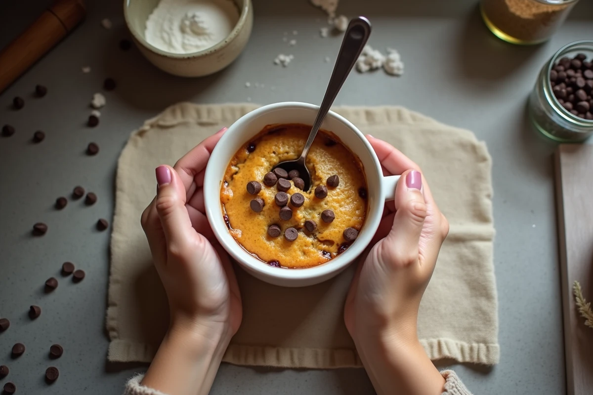Mains tenant un mugcake chaud avec chocolat chips
