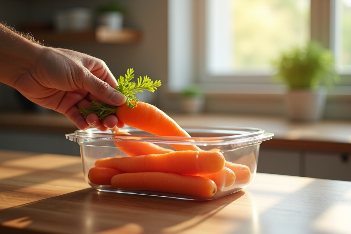Mains plaçant des carottes bio dans un contenant en verre