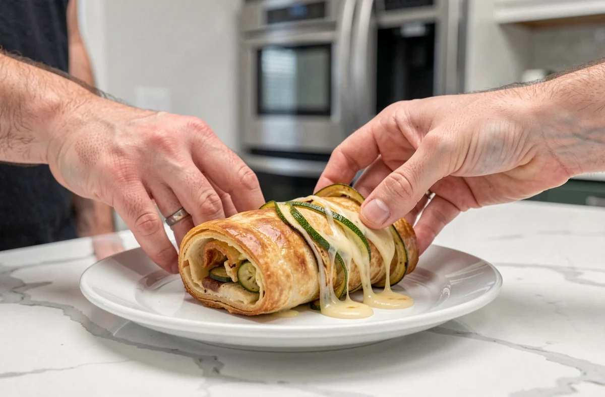 Mains déposant délicatement un roulé courgette pizz façon escargot sur une assiette blanche dans une cuisine moderne
