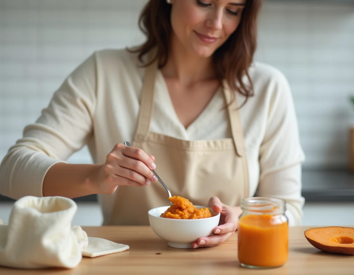 Jeune maman préparant une purée de patate douce maison pour bébé dans une cuisine moderne lumineuse