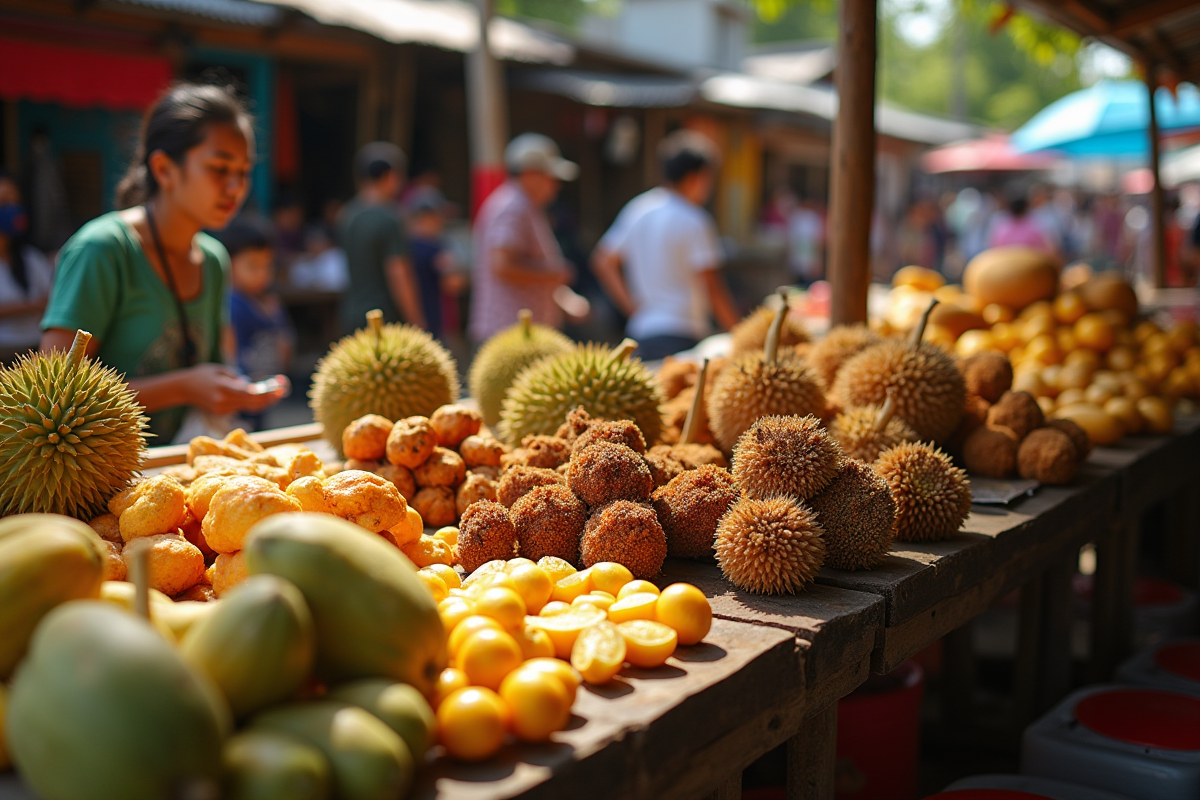 Marché en plein air avec fruits rares et insectes comestibles