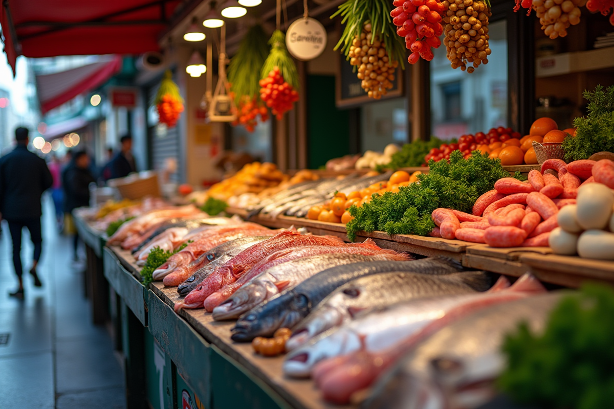 Stand de marché vide avec produits frais en ville animée