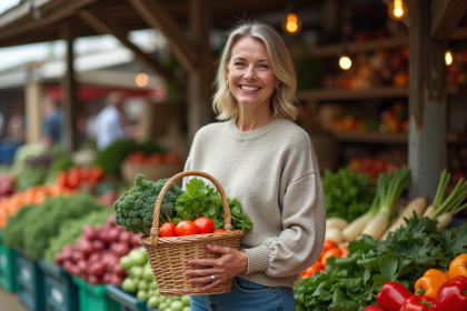Femme souriante avec panier de légumes frais au marché