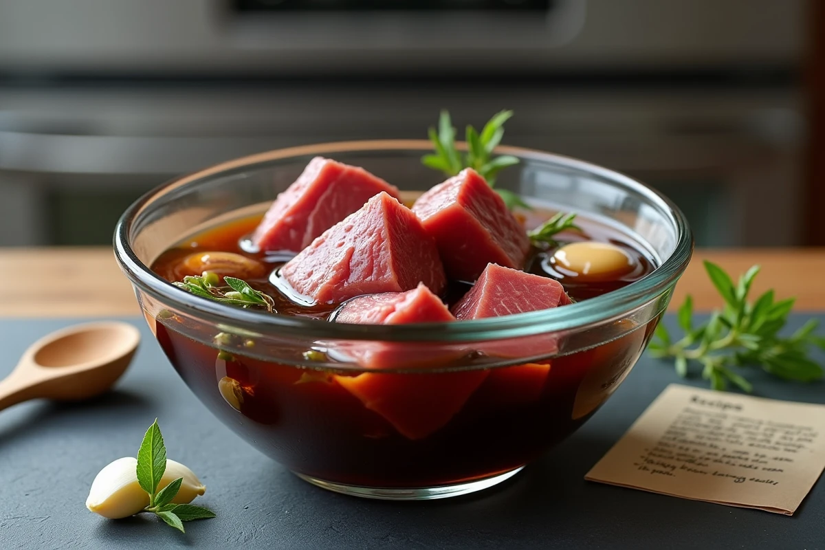 Bol en verre contenant des morceaux de chevreuil marinant dans un mélange de vinaigre balsamique, sauce soja et bouillon sans alcool