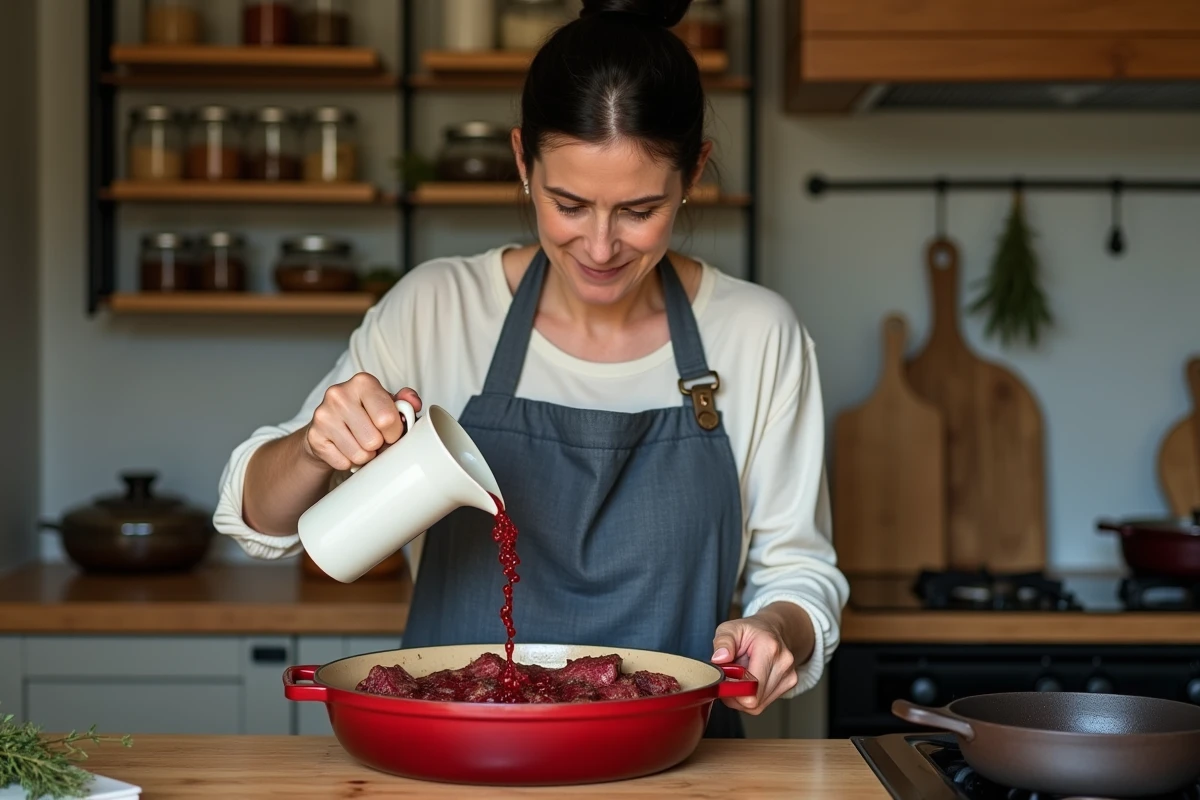 Femme versant une marinade au jus de grenade sur des morceaux de chevreuil dans un plat en terre cuite pour une recette sans vin