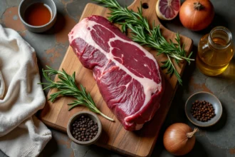 Cuissot de chevreuil cru sur planche en bois rustique entouré de romarin, baies de genièvre et vinaigre de cidre pour une marinade sans vin