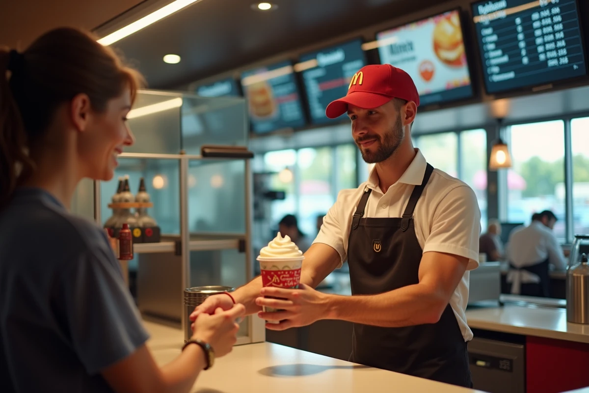 Employé McDonald's remettant un McFlurry à un client au comptoir avec le panneau de prix visible en arrière-plan