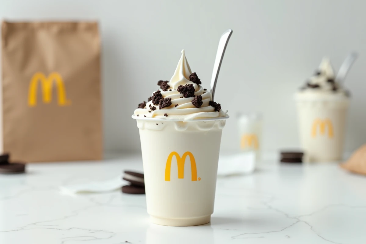 Gros plan d'un McFlurry Oreo McDonald's sur un comptoir blanc, mettant en valeur le produit et son prix