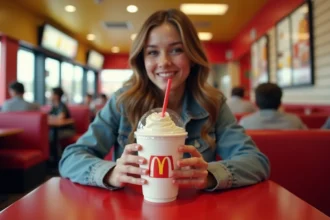 Jeune femme tenant un McFlurry McDonald's dans un restaurant fast-food, illustrant le prix du McFlurry en 2026