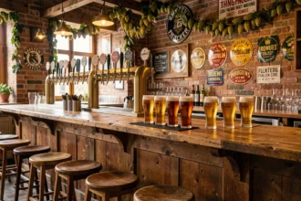 Intérieur d'une brasserie artisanale des Hauts-de-France avec des tireuses à bière alignées sur un bar en bois rustique