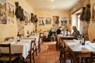 Salle de restaurant italien typique en Nouvelle-Aquitaine avec décor rustique toscan, tables en bois et détails méditerranéens
