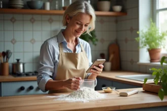 Femme mesurant de la farine dans une cuisine chaleureuse