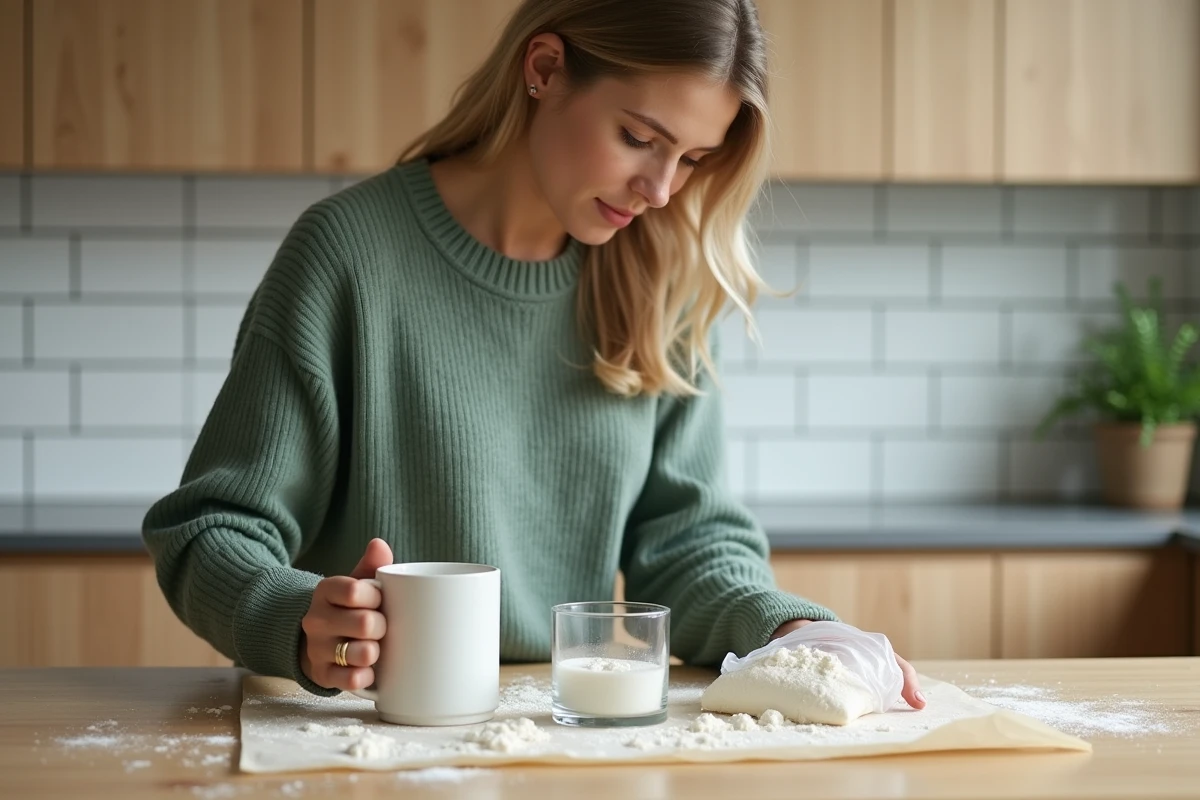 Jeune femme comparant des repères visuels pour mesurer 250g de farine sans balance dans une cuisine scandinave