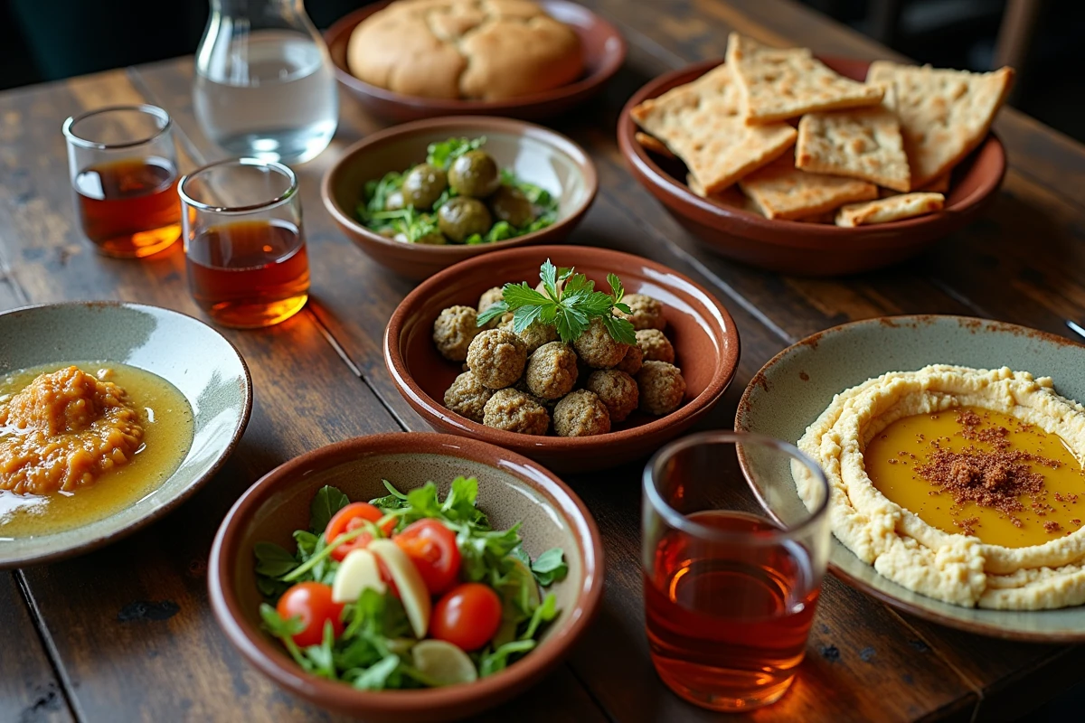 Vue de dessus d'un assortiment de mezze libanais authentiques servis dans un restaurant du quartier Mouffetard à Paris
