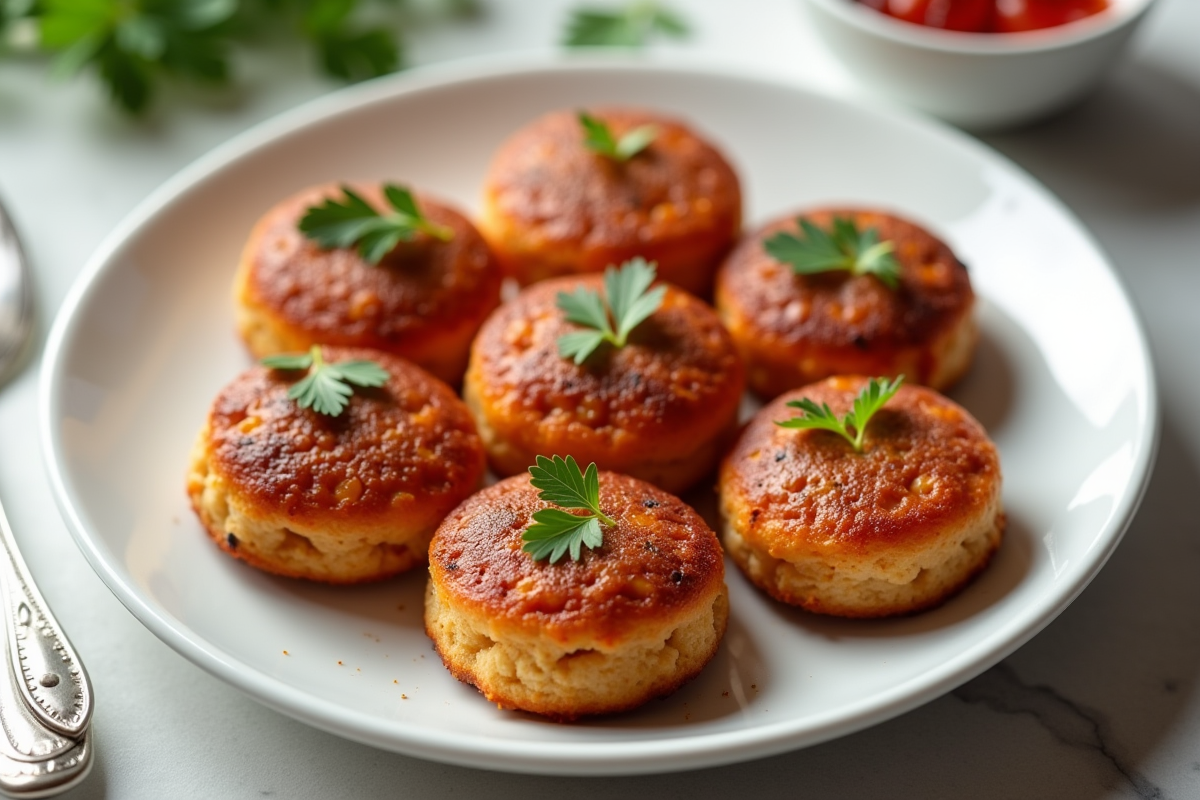 Mini gâteaux de chorizo garnis de persil sur assiette blanche