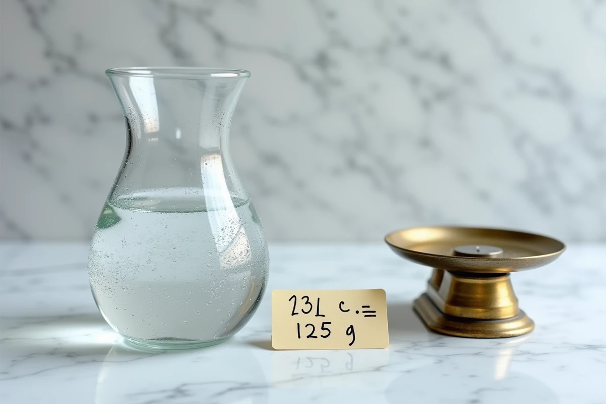 Nature morte minimaliste avec une carafe graduée à 12,5 cl et une balance ancienne affichant 125 grammes sur marbre gris