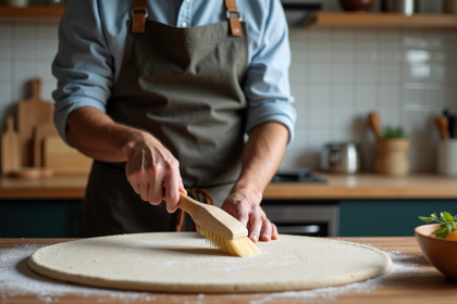Homme d'âge moyen nettoyant une pierre à pizza à la maison