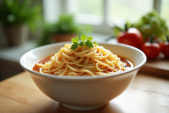 Nouilles de konjac fraîches dans un bol blanc