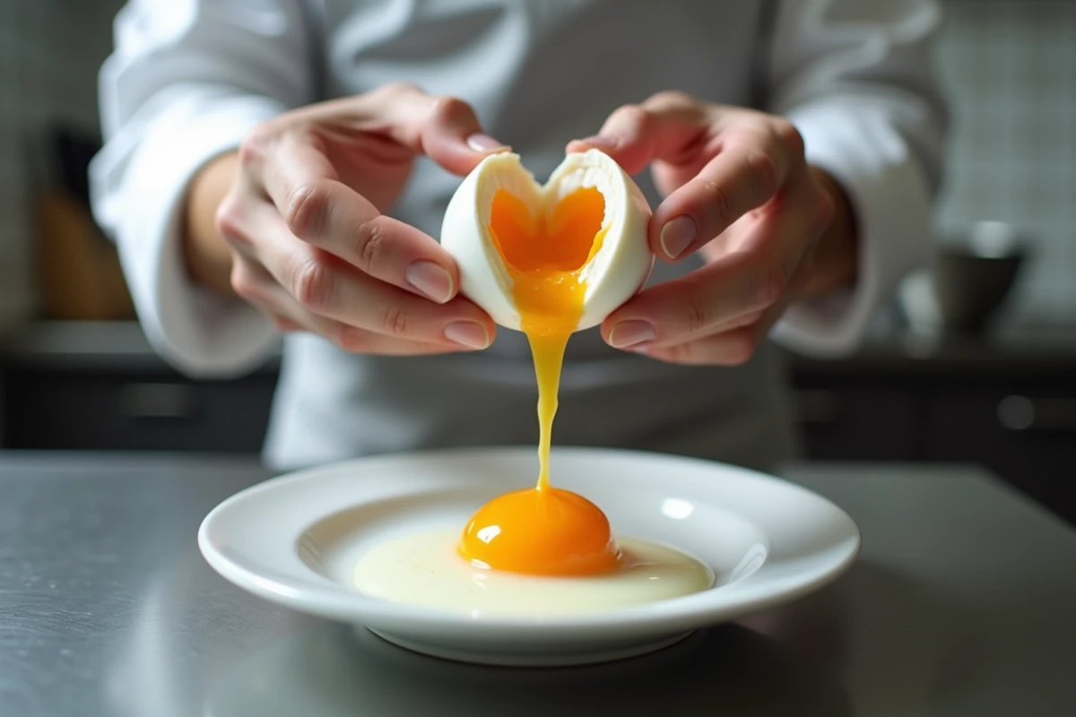 Œuf frais cassé sur assiette blanche montrant un jaune ferme et un blanc compact en cuisine professionnelle