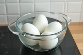 Œufs durs en train de cuire dans une casserole d'eau froide posée sur une plaque de cuisson moderne