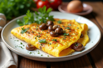Omelette dorée aux girolles garnie de persil sur une assiette