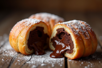 Pain au chocolat coupé montrant le chocolat fondant sur une table en bois