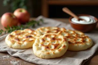 Pains à la poêle moelleux au yaourt posés sur un torchon en lin avec un bol de yaourt nature