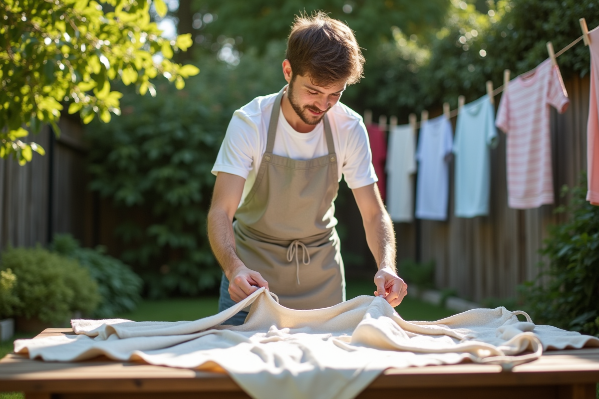 Père étalant des tabliers propres dans le jardin en plein air