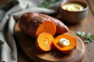 Patate douce rôtie au four coupée en deux sur une planche en bois rustique, avec du beurre fondant et de la fleur de sel