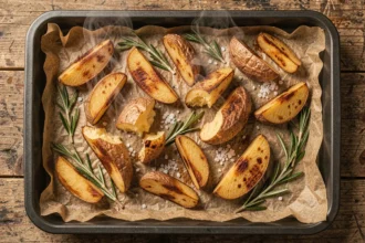 Pommes de terre rôties au four dorées et croustillantes sur une plaque de cuisson avec du romarin et du sel de mer
