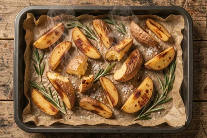 Pommes de terre rôties au four dorées et croustillantes sur une plaque de cuisson avec du romarin et du sel de mer