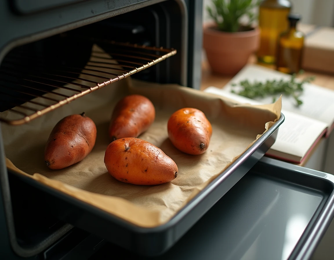 Patates douces en train de cuire sur une plaque au four avec du papier cuisson dans une cuisine familiale