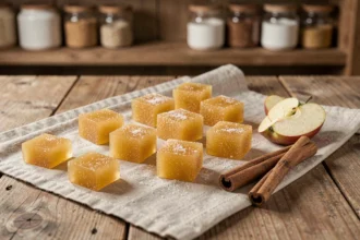 Pâtes de fruit maison à la pomme sans colorant disposées sur une table en bois rustique avec des tranches de pomme fraîche