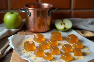 Pâtes de fruit à la pomme maison disposées sur papier sulfurisé sucré avec une pomme coupée et une casserole en cuivre sur table en bois rustique