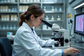 Pathologiste femme examinant une lame de biopsie au microscope