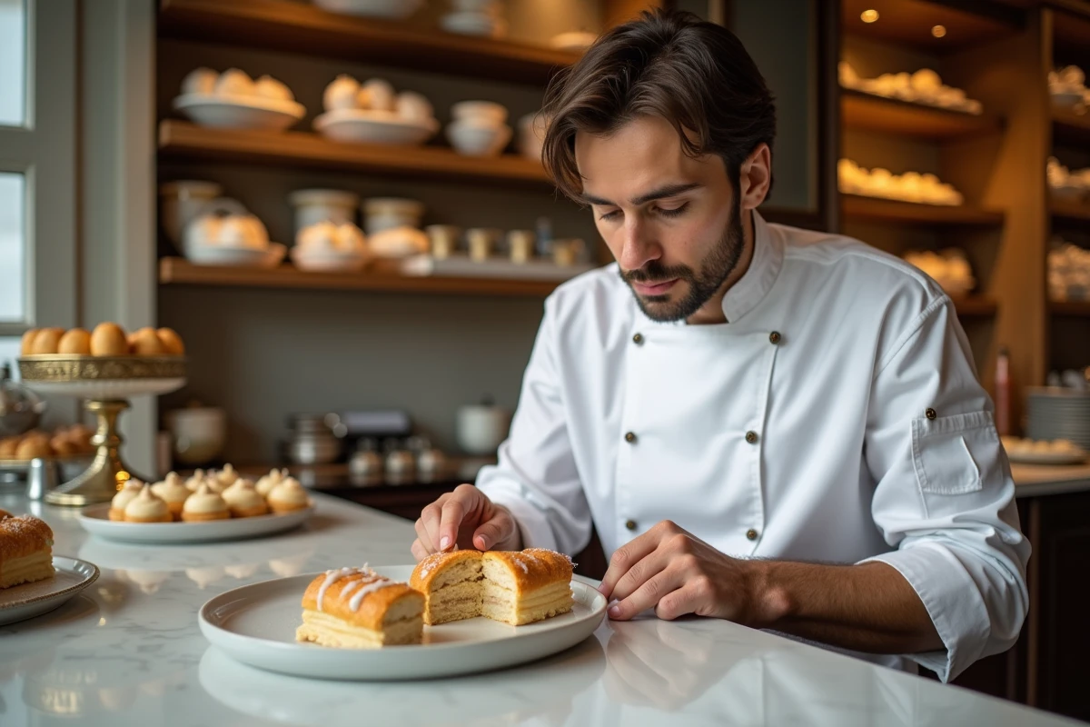 Chef pâtissier français présentant un dessert de luxe