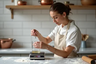 Pâtissière mesurant des centilitres sur une balance de cuisine pour convertir en grammes avec précision