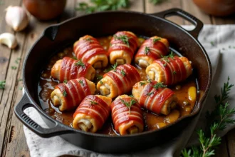 Paupiettes de porc dorées au four dans une cocotte en fonte avec légumes caramélisés et herbes fraîches