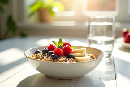 Bol de petit déjeuner équilibré avec flocons et fruits frais