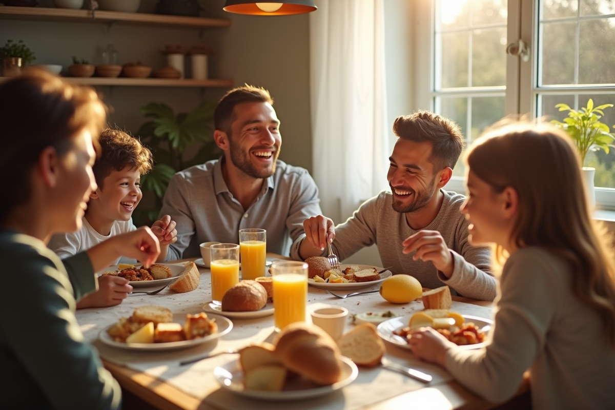 Famille heureuse partageant un petit déjeuner sain dans la cuisine