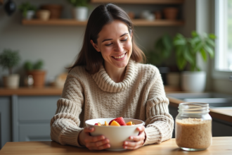 Femme souriante avec petit déjeuner sain au matin