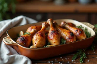Pilons de poulet dorés au four dans un plat en céramique rustique avec thym frais et gousses d'ail, servis sur une table en bois