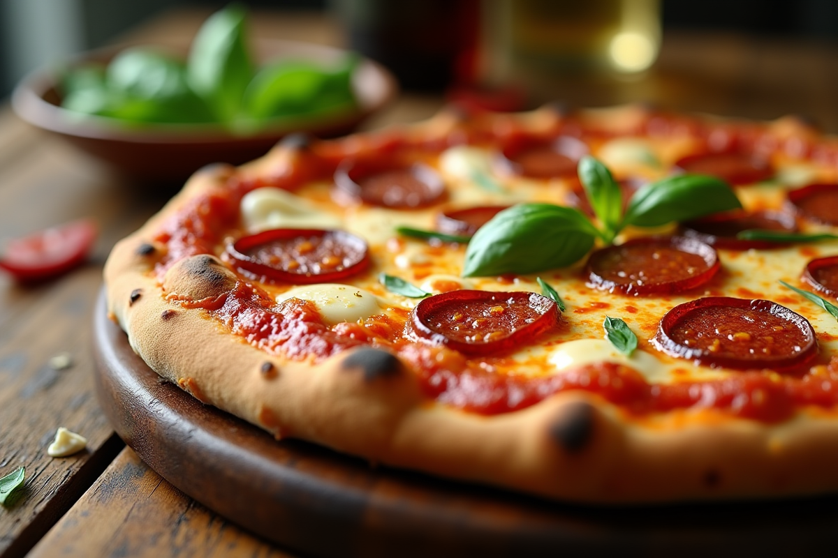 Pizza chorizo fraîche avec fromage fondu et basilic